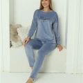 Moda Kadın Kadife Mavi Pijama Takım