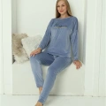 Moda Kadın Kadife Mavi Pijama Takım