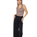 Moda Kadın Kalın Askılı Body Bol Paça Pantolon 2`li Takım Kahve