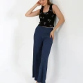 Moda Kadın Kalın Askılı Body Bol Paça Pantolon 2`li Takım Siyah