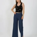 Moda Kadın Kalın Askılı Body Bol Paça Pantolon 2`li Takım Siyah