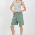 Moda Kadın Kalın Askılı Pamuk Penye Şortlu Crop Takım SuYeşili