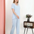 Moda Kadın Kısa Kol Pamuk Penye Pijama Takım Mavi