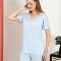 Moda Kadın Kısa Kol Pamuk Penye Pijama Takım Mavi