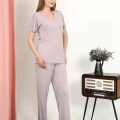 Moda Kadın Kısa Kol Pamuk Penye Pijama Takım Pudra