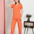 Moda Kadın Kısa Kol Pamuk Penye Pijama Takım Turuncu
