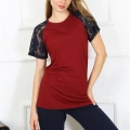 Moda Kadın Kolu Dantelli Penye Pijama Takım Bordo