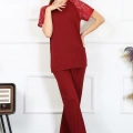 Moda Kadın Kolu Dantelli Penye Pijama Takım Bordo