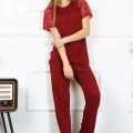 Moda Kadın Kolu Dantelli Penye Pijama Takım Bordo