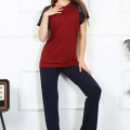 Moda Kadın Kolu Dantelli Penye Pijama Takım Bordo