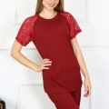 Moda Kadın Kolu Dantelli Penye Pijama Takım Bordo