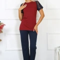 Moda Kadın Kolu Dantelli Penye Pijama Takım Bordo