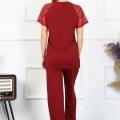 Moda Kadın Kolu Dantelli Penye Pijama Takım Bordo