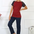 Moda Kadın Kolu Dantelli Penye Pijama Takım Bordo