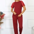 Moda Kadın Kolu Dantelli Penye Pijama Takım Bordo