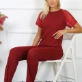 Moda Kadın Kolu Dantelli Penye Pijama Takım Bordo
