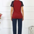 Moda Kadın Kolu Dantelli Penye Pijama Takım Bordo