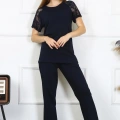 Moda Kadın Kolu Dantelli Penye Pijama Takım Lacivert