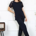 Moda Kadın Kolu Dantelli Penye Pijama Takım Lacivert