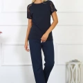 Moda Kadın Kolu Dantelli Penye Pijama Takım Lacivert