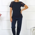 Moda Kadın Kolu Dantelli Penye Pijama Takım Lacivert