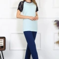 Moda Kadın Kolu Dantelli Penye Pijama Takım Su Yeşili