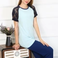 Moda Kadın Kolu Dantelli Penye Pijama Takım Su Yeşili