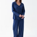 Moda Kadın Lacivert Düğmeli Yaka Detaylı Pamuklu Pijama Takımı