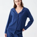 Moda Kadın Lacivert Düğmeli Yaka Detaylı Pamuklu Pijama Takımı