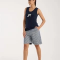 Moda Kadın Lacivert Kurdele Detaylı Çizgili Şortlu Pijama Takımı