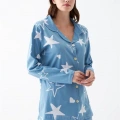 Moda Kadın Mavi Yıldız Desenli Düğmeli Pamuklu Pijama Takımı