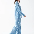 Moda Kadın Mavi Yıldız Desenli Düğmeli Pamuklu Pijama Takımı