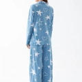 Moda Kadın Mavi Yıldız Desenli Düğmeli Pamuklu Pijama Takımı