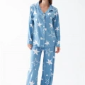 Moda Kadın Mavi Yıldız Desenli Düğmeli Pamuklu Pijama Takımı