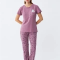 Moda Kadın Mor Patili Tavşan Baskılı Cepli Pijama Takımı