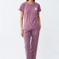 Moda Kadın Mor Patili Tavşan Baskılı Cepli Pijama Takımı