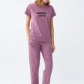 Moda Kadın Mor Yıldız Desenli Penye Kısa Kol Pijama Takımı