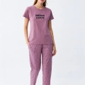 Moda Kadın Mor Yıldız Desenli Penye Kısa Kol Pijama Takımı