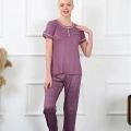 Moda Kadın Mürdüm Kısa Kol Pijama Takım