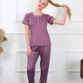 Moda Kadın Mürdüm Kısa Kol Pijama Takım