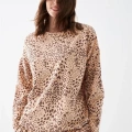 Moda Kadın Oversize Bej Leopar Desenli Pamuklu Kalın Pijama Takımı