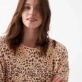 Moda Kadın Oversize Bej Leopar Desenli Pamuklu Kalın Pijama Takımı