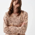 Moda Kadın Oversize Bej Leopar Desenli Pamuklu Kalın Pijama Takımı
