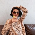 Moda Kadın Oversize Bej Leopar Desenli Pamuklu Kalın Pijama Takımı