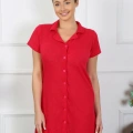 Moda Kadın Pamuk Dokuma Kısa Kol Düğmeli Kırmızı Tunik Gecelik