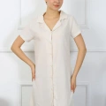 Moda Kadın Pamuk Keten Kısa Kol Düğmeli Krem Tunik Gecelik