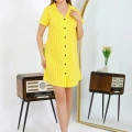 Moda Kadın Pamuk Penye Kısa Kol Düğmeli Sarı Tunik Gecelik