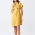 Moda Kadın Pamuk Penye Kısa Kol Düğmeli Sarı Tunik Gecelik