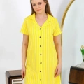 Moda Kadın Pamuk Penye Kısa Kol Düğmeli Sarı Tunik Gecelik