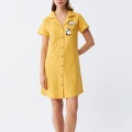 Moda Kadın Pamuk Penye Kısa Kol Düğmeli Sarı Tunik Gecelik